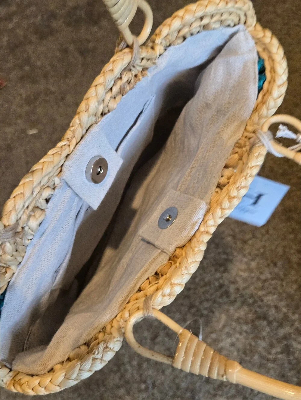 Haute Hippie Teal And Natural Woven Straw Floral Tote Bag With Bamboo Handles